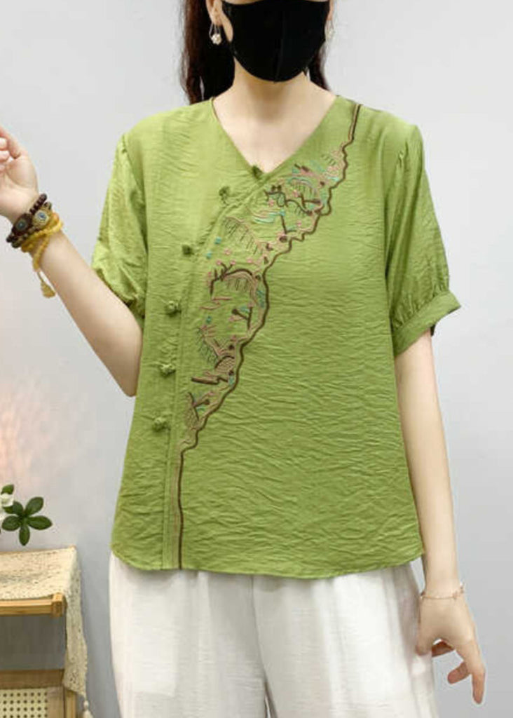 Elegant Pea Green Embroidered Button Linen Shirts Summer RE043 MZF-STP240807