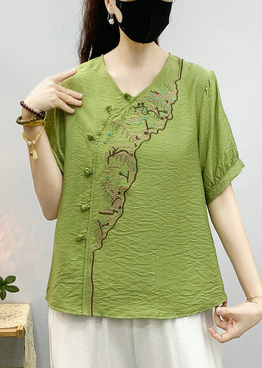 Elegant Pea Green Embroidered Button Linen Shirts Summer RE043 MZF-STP240807