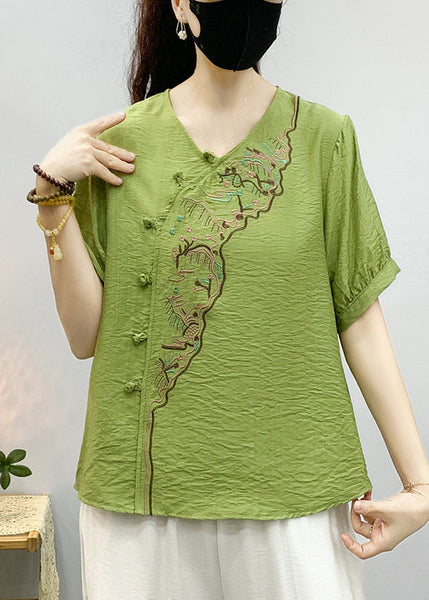 Elegant Pea Green Embroidered Button Linen Shirts Summer RE043 MZF-STP240807