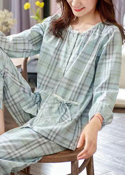 Elegant Pan Plaid Peter Pajamas Two Pieces Set Cotton Bow Collar FashionChic