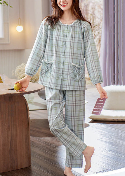 Elegant Pan Plaid Peter Pajamas Two Pieces Set Cotton Bow Collar FashionChic