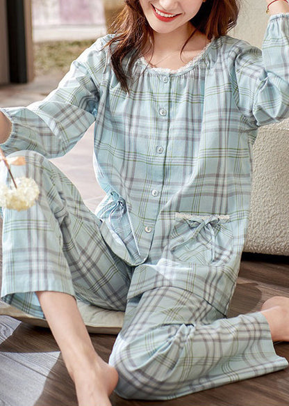 Elegant Pan Plaid Peter Pajamas Two Pieces Set Cotton Bow Collar FashionChic