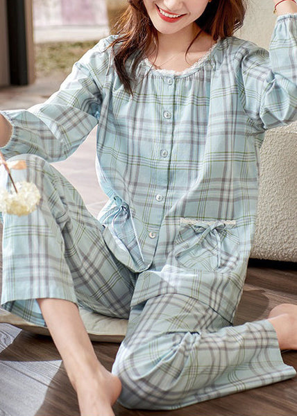Elegant Pan Plaid Peter Pajamas Two Pieces Set Cotton Bow Collar FashionChic