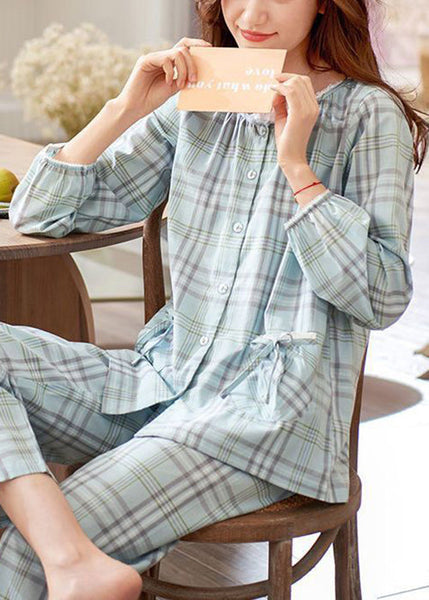 Elegant Pan Plaid Peter Pajamas Two Pieces Set Cotton Bow Collar FashionChic