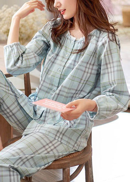 Elegant Pan Plaid Peter Pajamas Two Pieces Set Cotton Bow Collar FashionChic