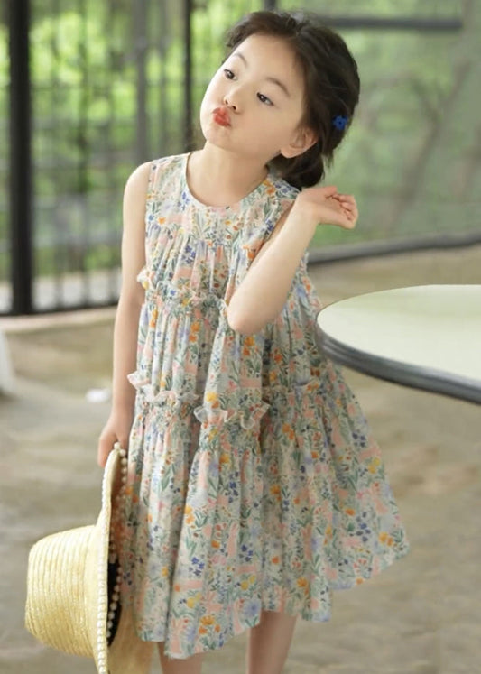 Elegant Photo Color Ruffled Print Cotton Girls Dress Sleeveless EW055 WS-RCTZSDGL240809