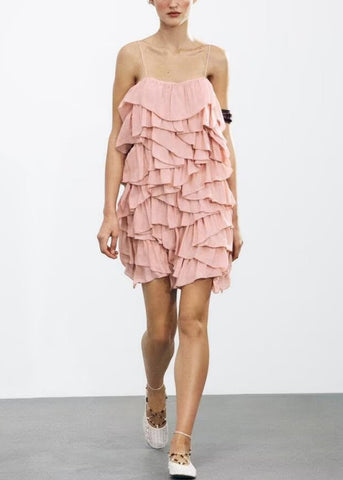 Cotton Pink Backless Elegant Spaghetti Layered Strap Dress FashionChic
