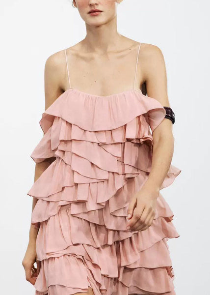 Cotton Pink Backless Elegant Spaghetti Layered Strap Dress FashionChic