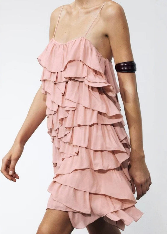 Cotton Pink Backless Elegant Spaghetti Layered Strap Dress FashionChic