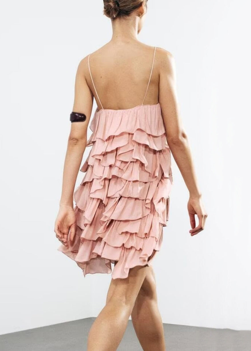 Cotton Pink Backless Elegant Spaghetti Layered Strap Dress FashionChic