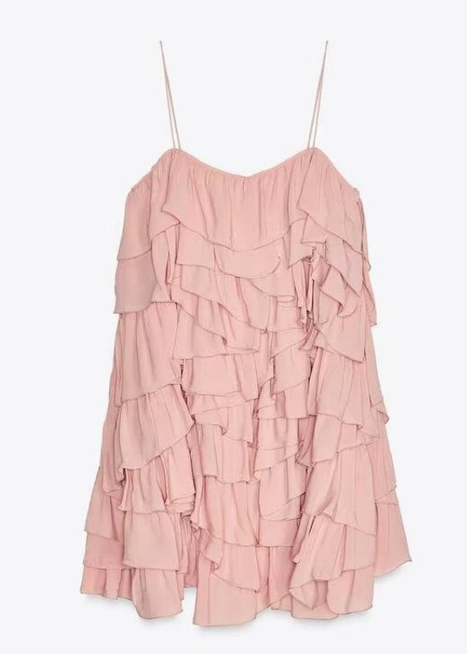 Cotton Pink Backless Elegant Spaghetti Layered Strap Dress FashionChic