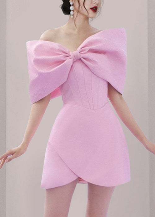 Elegant Pink Bow Solid Cotton Mid Dress Summer EE1063 SH-LF-SDM240517