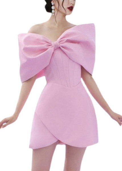 Elegant Pink Bow Solid Cotton Mid Dress Summer EE1063 SH-LF-SDM240517