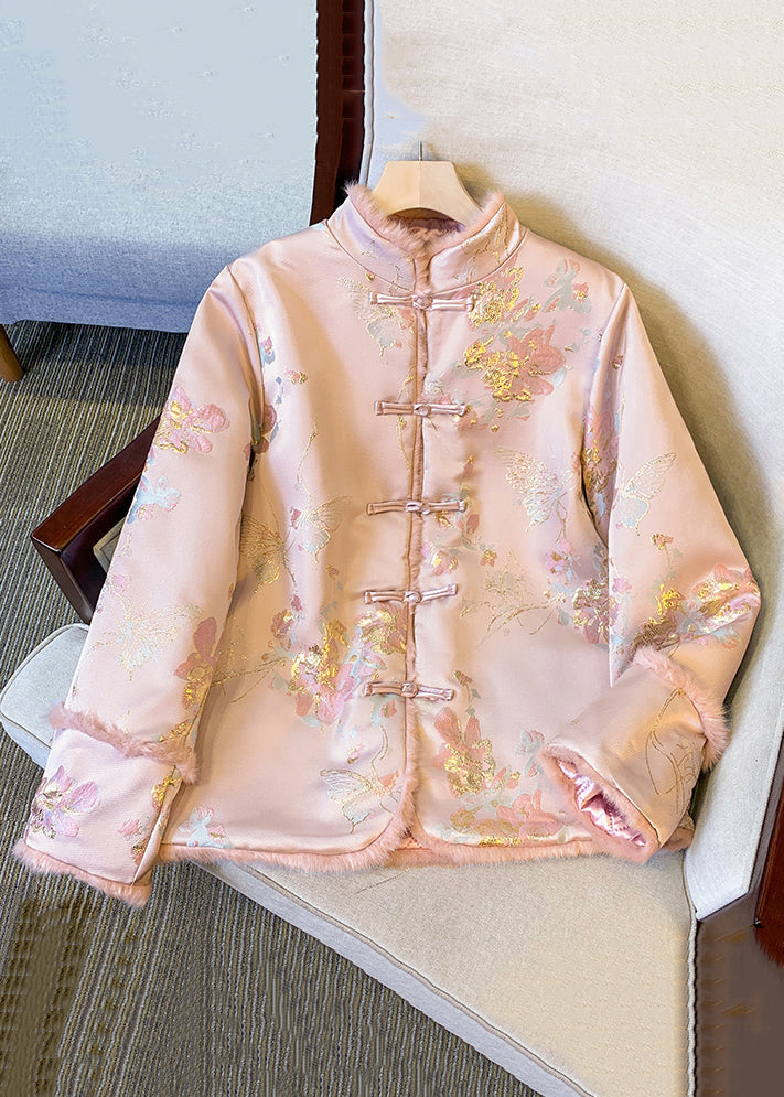 Elegant Pink Button Fluffy Patchwork Thick Parkas Winter QG027 OM-DJK241016