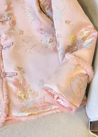 Elegant Pink Button Fluffy Patchwork Thick Parkas Winter QG027 OM-DJK241016