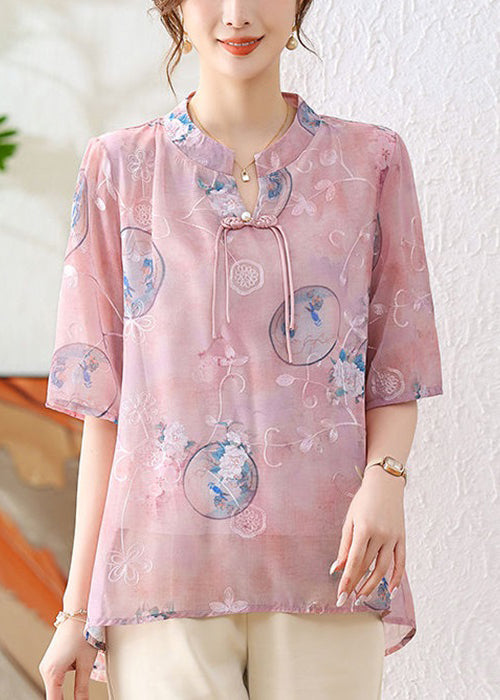 Elegant Pink Chinese Button Print Chiffon Shirt Summer AU1066 MZF-240903