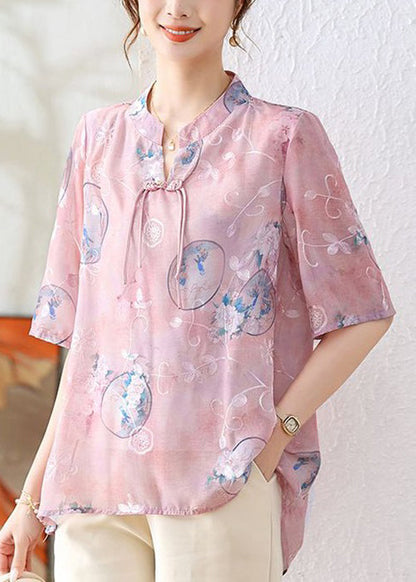 Elegant Pink Chinese Button Print Chiffon Shirt Summer AU1066 MZF-240903
