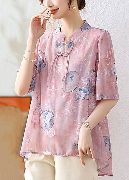 Elegant Pink Chinese Button Print Chiffon Shirt Summer AU1066 MZF-240903