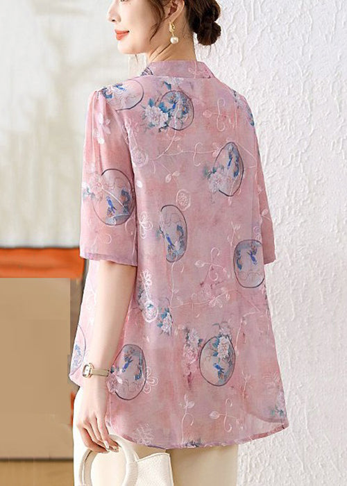 Elegant Pink Chinese Button Print Chiffon Shirt Summer AU1066 MZF-240903