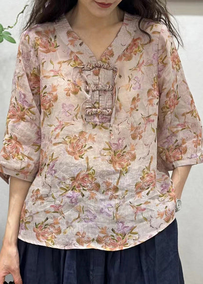 Elegant Pink Chinese Button Print Linen Shirt Half Sleeve JH034 MMDM-HTP240717