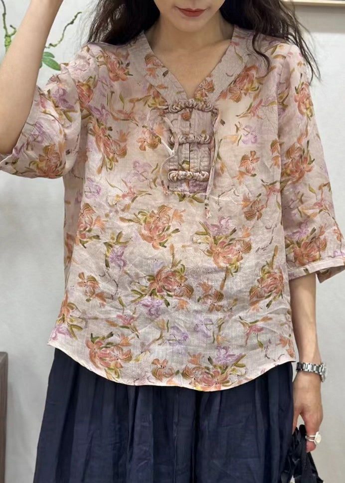 Elegant Pink Chinese Button Print Linen Shirt Half Sleeve JH034 MMDM-HTP240717