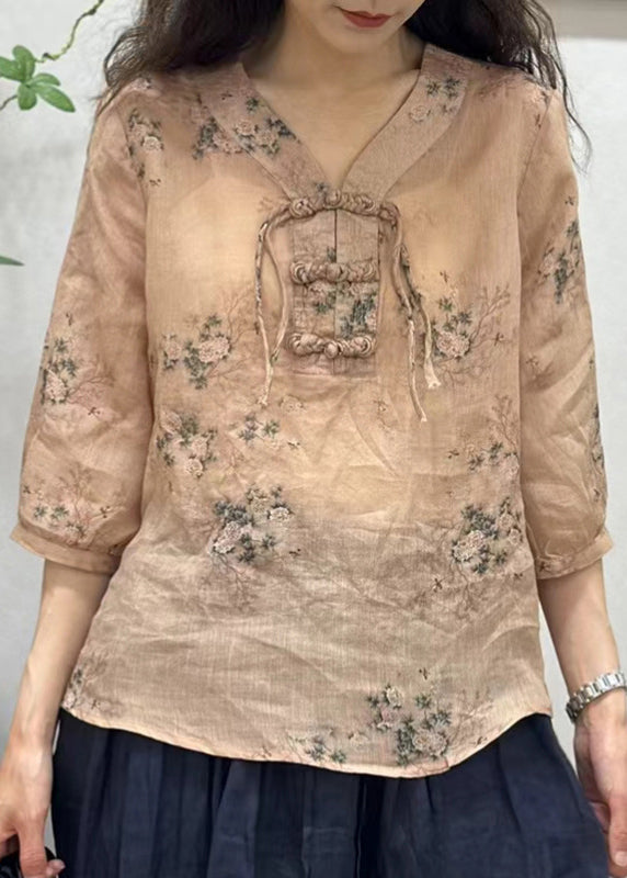 Elegant Pink Chinese Button Print Linen Shirt Half Sleeve JH034 MMDM-HTP240717