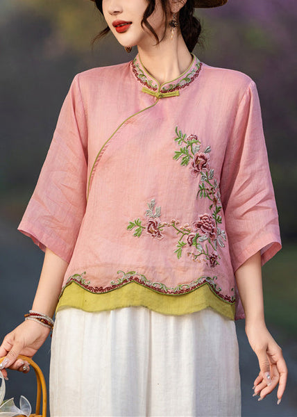 Embroidered Linen Pink Sleeve Elegant Button Shirt Bracelet FashionChic