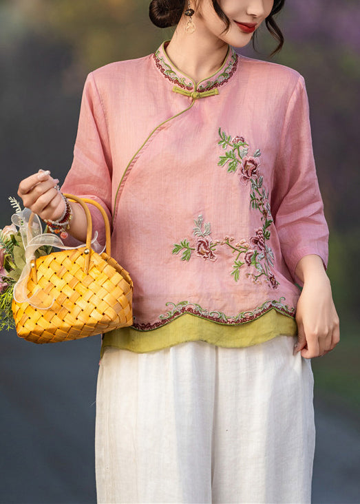 Pink Sleeve Elegant Button Shirt Linen Embroidered Bracelet FashionChic