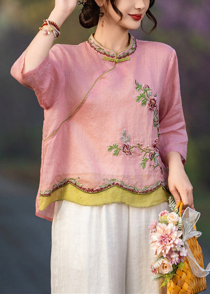Pink Sleeve Elegant Button Shirt Linen Embroidered Bracelet FashionChic