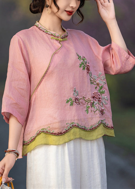Embroidered Linen Pink Sleeve Elegant Button Shirt Bracelet FashionChic