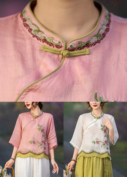 Embroidered Linen Pink Sleeve Elegant Button Shirt Bracelet FashionChic