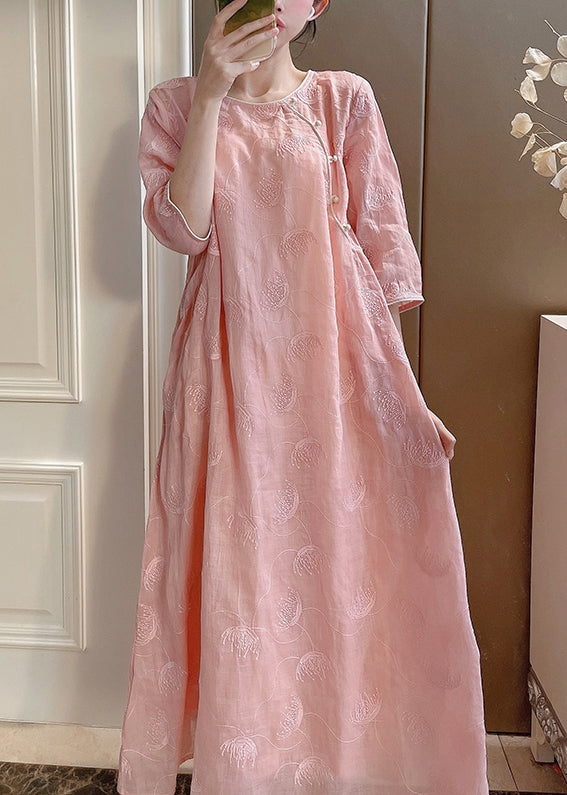 Two-Piece Elegant Embroidered Linen Set Sleeve Pink Half Button FashionChic