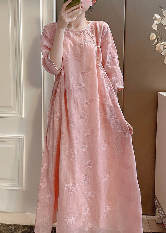 Two-Piece Elegant Embroidered Linen Set Sleeve Pink Half Button FashionChic