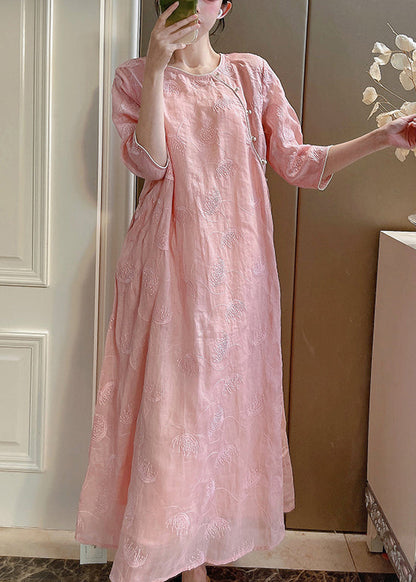 Two-Piece Elegant Embroidered Linen Set Sleeve Pink Half Button FashionChic