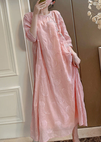 Two-Piece Elegant Embroidered Linen Set Sleeve Pink Half Button FashionChic