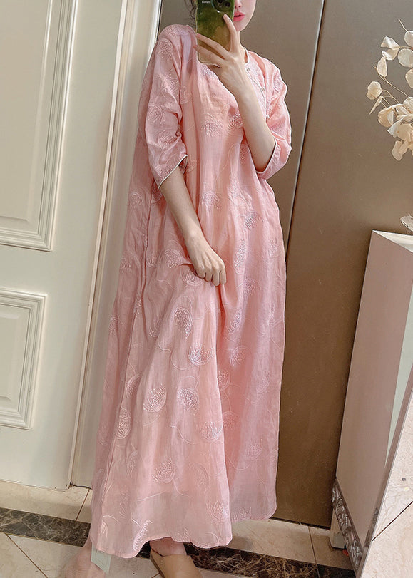 Two-Piece Elegant Embroidered Linen Set Sleeve Pink Half Button FashionChic