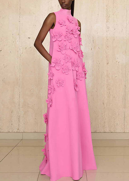 Long Pink Up Sleeveless Floral Cotton Dress Pockets Lace Elegant FashionChic