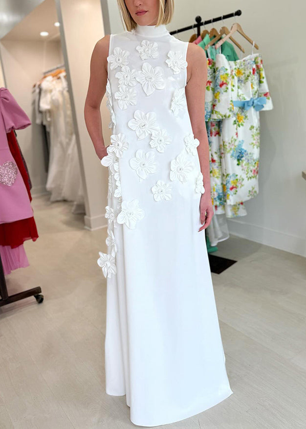 Long Pink Up Sleeveless Floral Cotton Dress Pockets Lace Elegant FashionChic