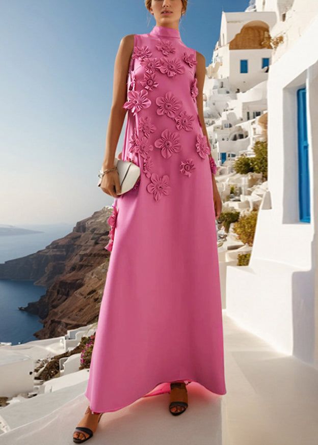 Long Pink Up Sleeveless Floral Cotton Dress Pockets Lace Elegant FashionChic