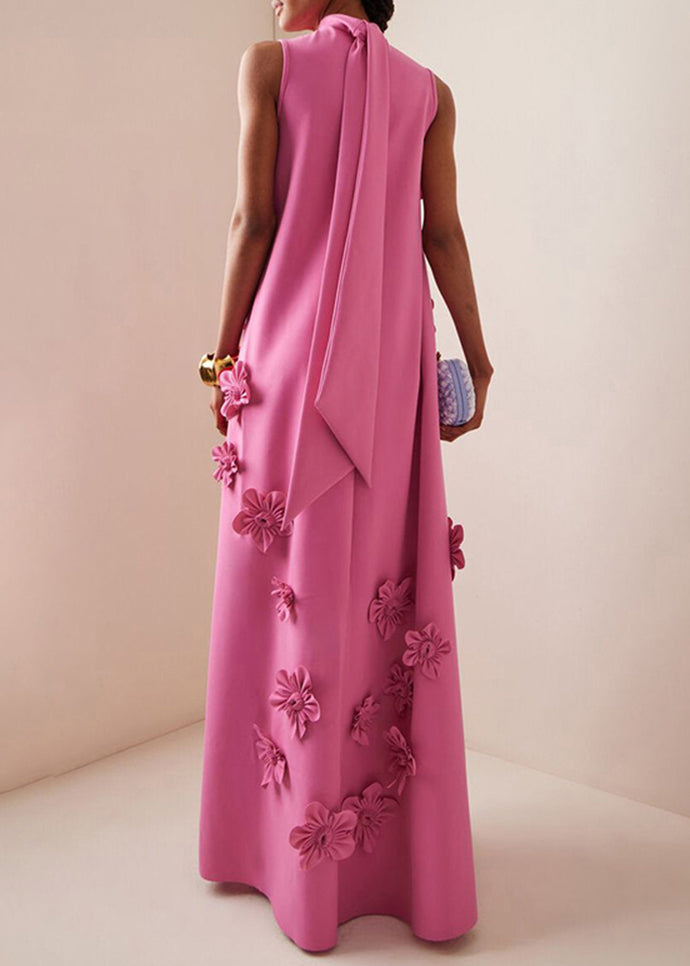 Long Pink Up Sleeveless Floral Cotton Dress Pockets Lace Elegant FashionChic