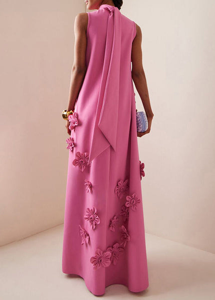 Long Pink Up Sleeveless Floral Cotton Dress Pockets Lace Elegant FashionChic