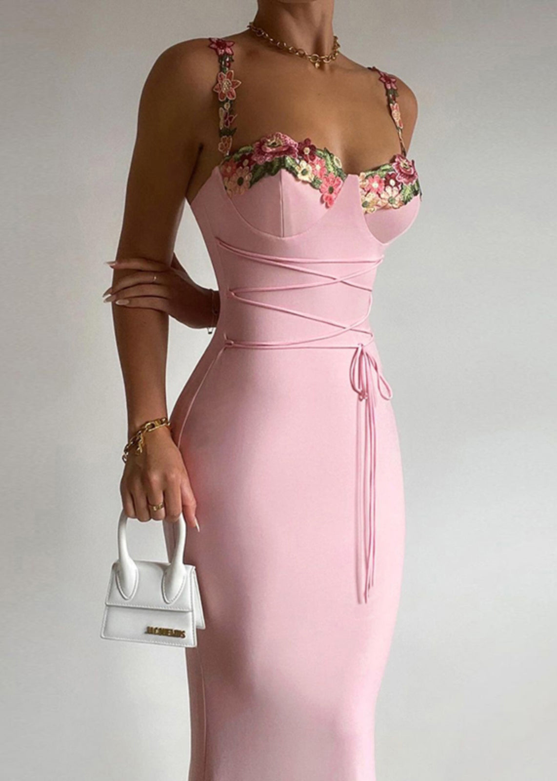 Elegant Floral Strap Patchwork Dress Pink Cotton Spaghetti FashionChic