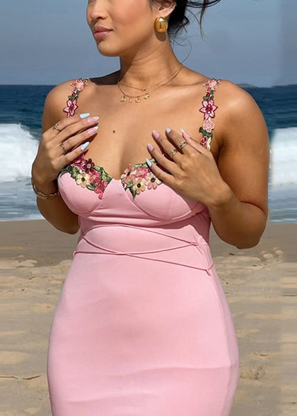 Elegant Floral Strap Patchwork Dress Pink Cotton Spaghetti FashionChic