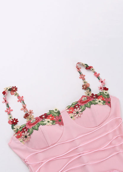 Elegant Floral Strap Patchwork Dress Pink Cotton Spaghetti FashionChic