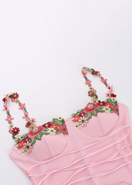Elegant Floral Strap Patchwork Dress Pink Cotton Spaghetti FashionChic