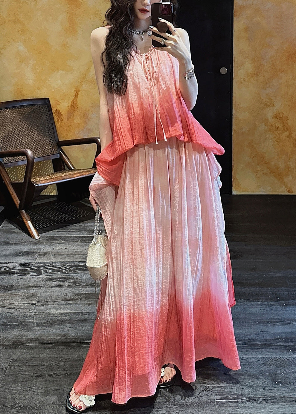 Long Pink Silk Elegant Ruffled Linen Color Gradient Dress FashionChic