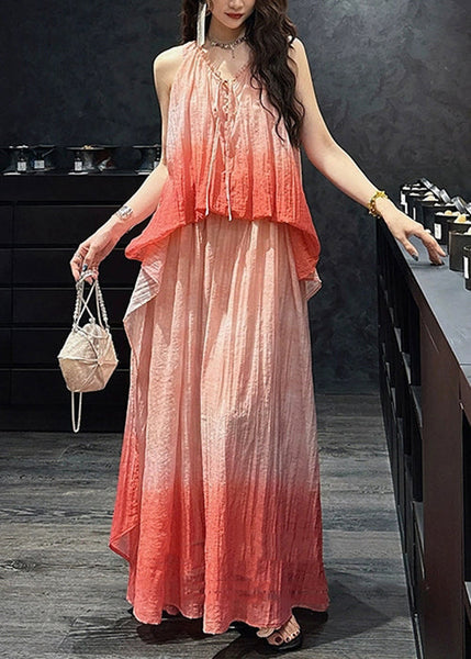 Long Pink Silk Elegant Ruffled Linen Color Gradient Dress FashionChic