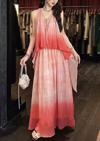 Long Pink Silk Elegant Ruffled Linen Color Gradient Dress FashionChic
