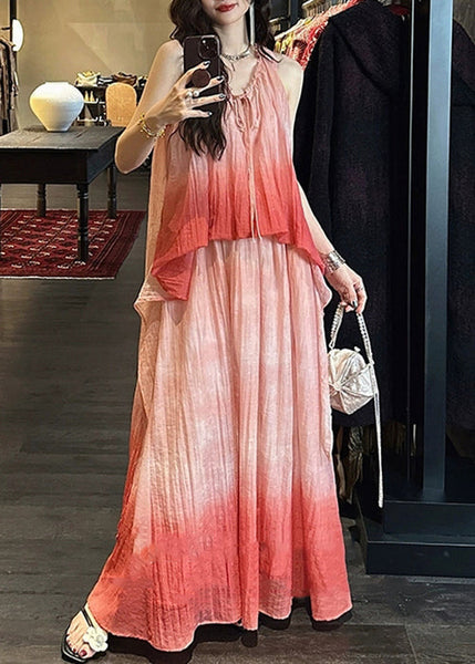Long Pink Silk Elegant Ruffled Linen Color Gradient Dress FashionChic