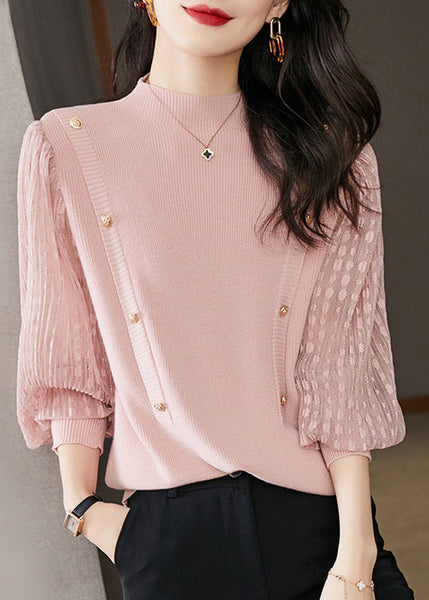 Elegant Pink Half High Neck Patchwork Knit Pullover Spring TH037
